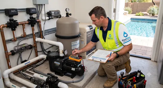 Pump, filter, heater and automation diagnostics on a Dallas equipment pad.